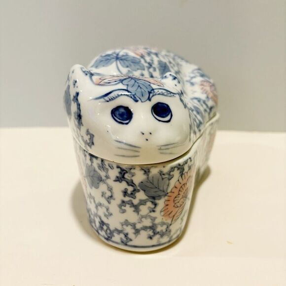 VTG Chinoiserie Ceramic Cat Large Trinket Box Container - Picture 5 of 9